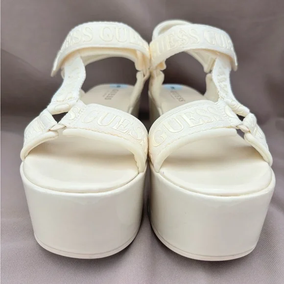 NWOT GUESS PLATFORM OFF WHITE SZ 9 SANDALS CLOTH STRAPS WITH GUESS LOS ANGELES - Picture 7 of 13